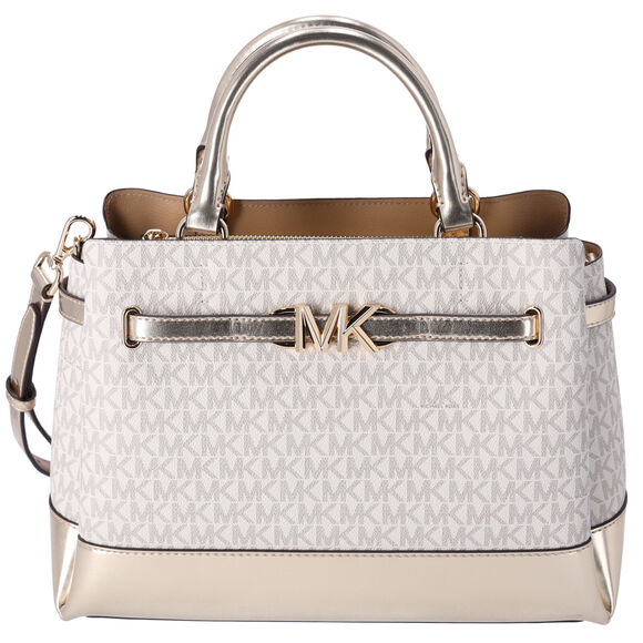 Michael Kors Reed Large Belted Satchel Vanilla MK Signature Pale Gold - Picture 1 of 6